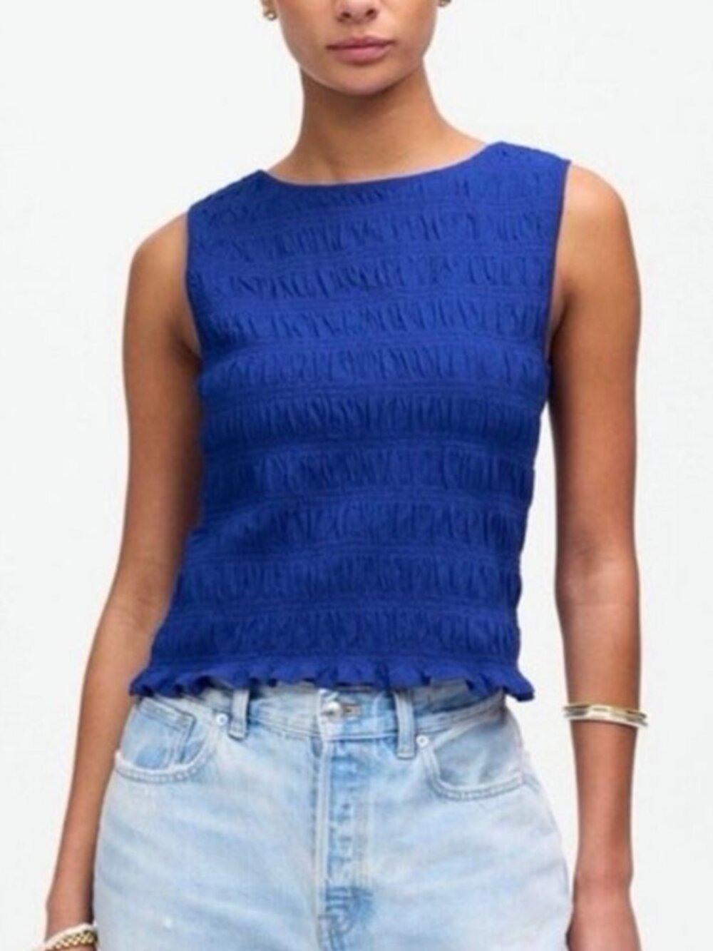 🌟 MADEWELL 🌟 SMOCKED COTTON LINEN BOAT NECK KNIT TANK TOP COLBALT BLUE SZ S